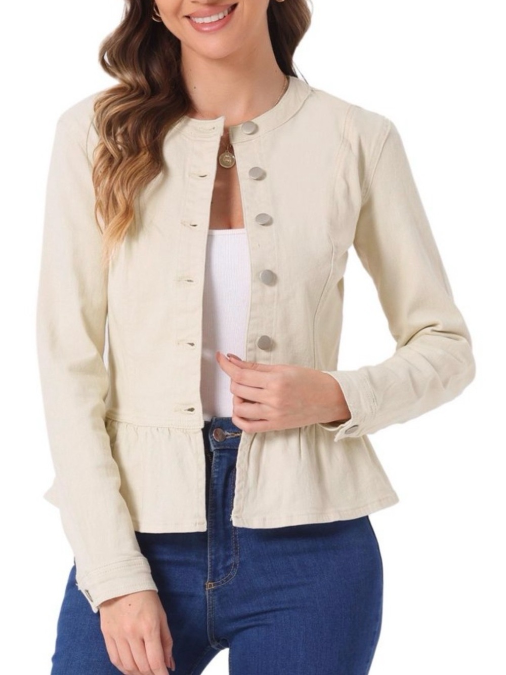 Peplum Collarless Round Neck Button Down Cropped Ruffle Hem Denim Jacket Sz S